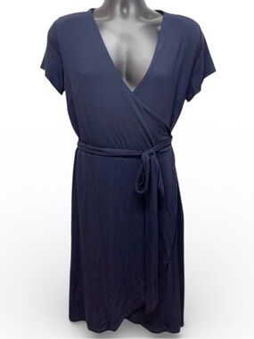 LOFT Navy Blue Wrap Dress Short Sleeve V Neck Tie Waist Women’s Medium